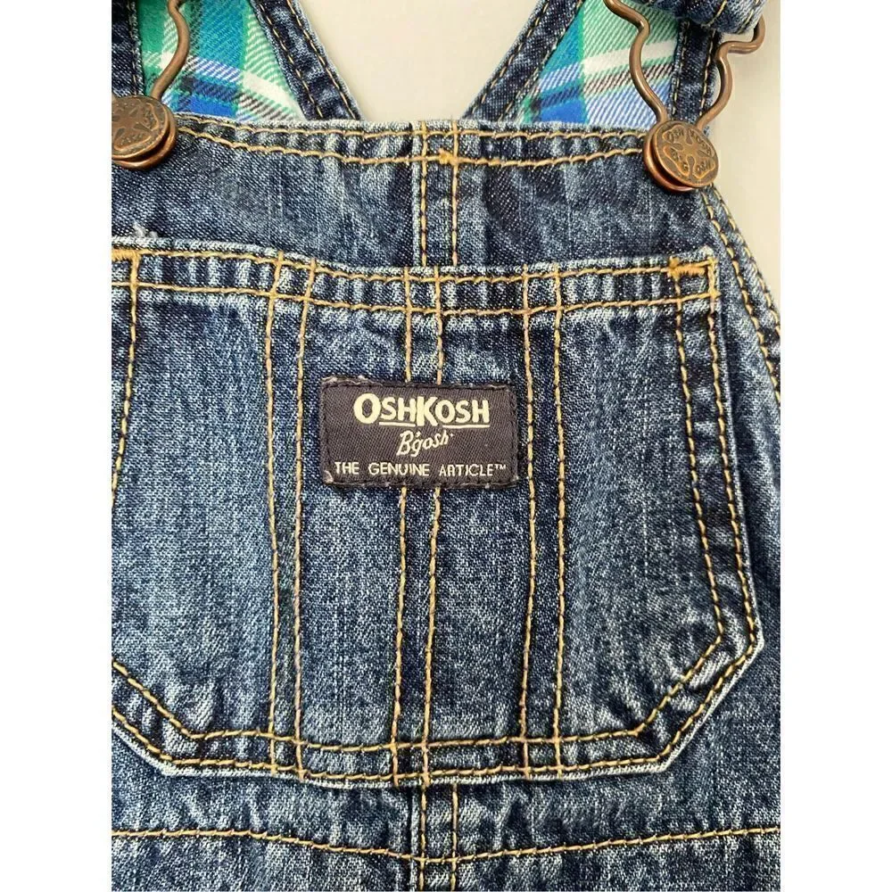 Oshkosh by gosh flannel lined jean overalls/bibs green blue and white size 18 mo